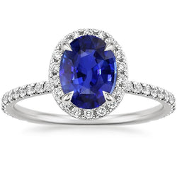 Halo Ring Oval Cut Ceylon Sapphire & Pave Set Natural Earth Mined Diamonds 4 Carats
