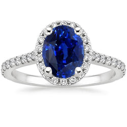 Halo Ring Pave Set Diamonds & Oval Sri Lankan Sapphire 5 Carats