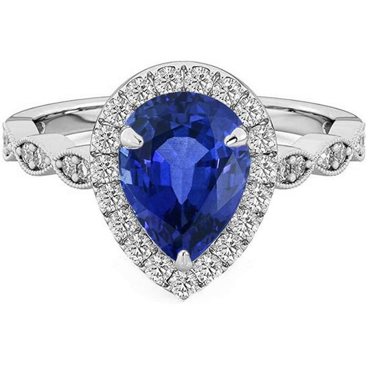 Halo Ring Pear Ceylon Sapphire & Diamonds 5 Carats White Gold 14K - Gemstone Ring-harrychadent.ca