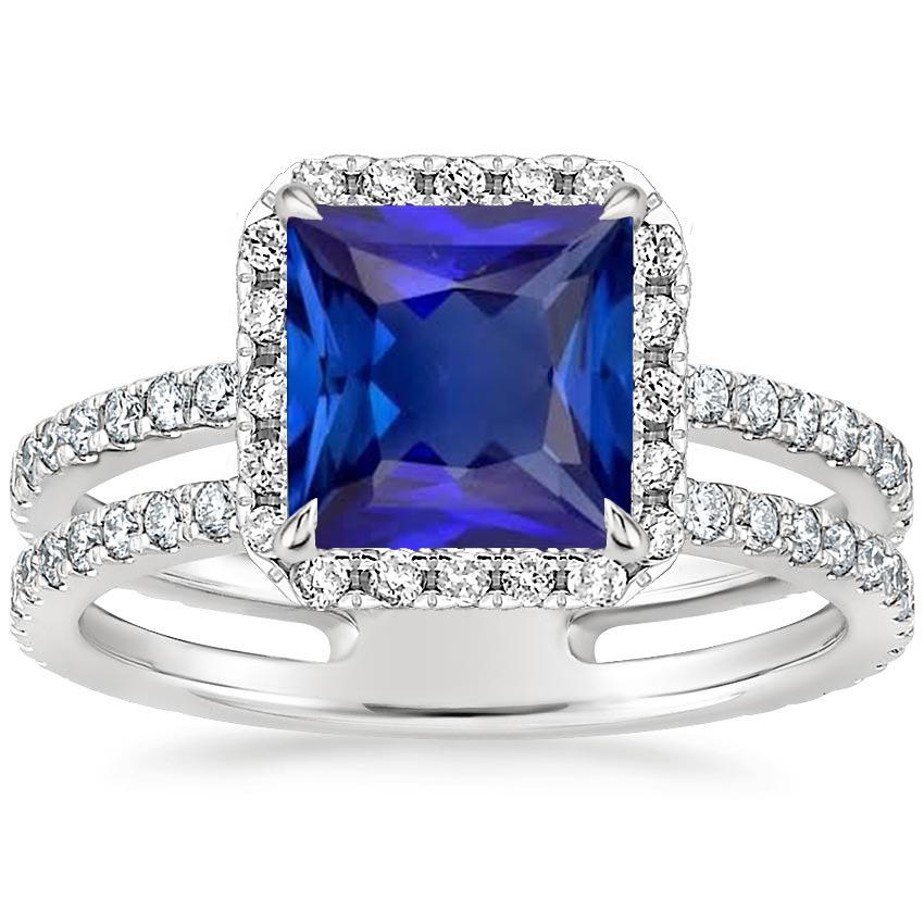 Halo Ring Princess Blue Sapphire With Pave Diamond Accents 6.50 Carats - Gemstone Ring-harrychadent.ca