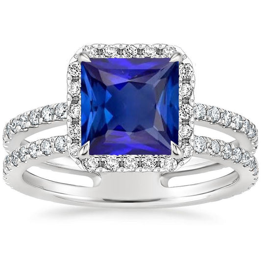 Halo Ring Princess Blue Sapphire With Pave Diamond Accents 6.50 Carats - Gemstone Ring-harrychadent.ca