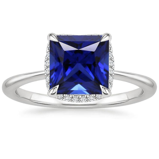 Halo Ring Princess Sri Lankan Sapphire and Diamond 5.25 Carat - Gemstone Ring-harrychadent.ca