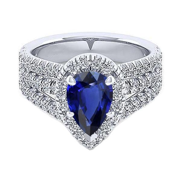 Halo Ring Prong Set Pear Blue Sapphire & Triple Shank Diamond 5 Carats - Gemstone Ring-harrychadent.ca