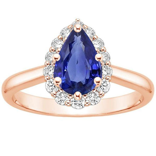 Halo Ring Rose Gold Pear Shape Blue Sapphire & Diamonds 3.75 Carats - Gemstone Ring-harrychadent.ca
