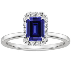 Halo Ring Sri Lankan Sapphire & Natural Earth Mined Diamond 4 Carats Emerald Cut
