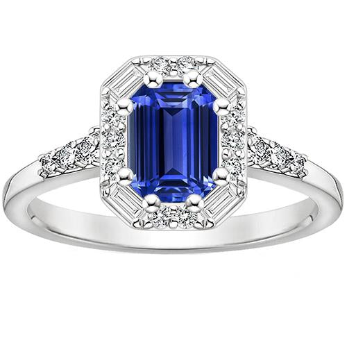 Halo Ring Sri Lankan Sapphire & Diamond 4 Carats Emerald Cut - Gemstone Ring-harrychadent.ca