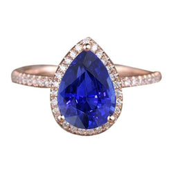 Halo Ring Teardrop Style Ceylon Sapphire & Natural Earth Mined Diamonds 3.75 Carats