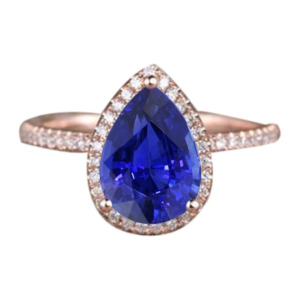 Halo Ring Teardrop Style Ceylon Sapphire & Diamonds 3.75 Carats - Gemstone Ring-harrychadent.ca