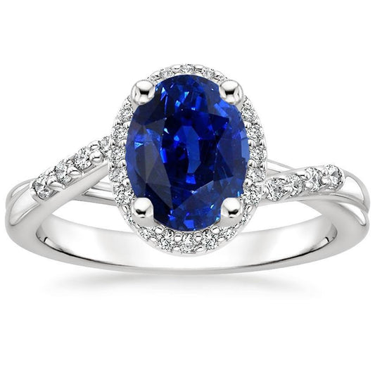 Halo Ring Twist Style Oval Blue Sapphire & Diamonds 3.75 Carats - Gemstone Ring-harrychadent.ca