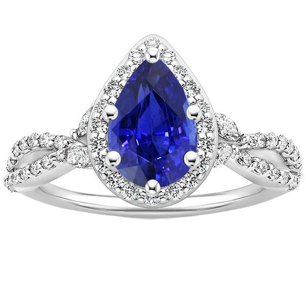 Halo Ring Twist Style Pear Ceylon Sapphire & Diamonds 3.50 Carats - Gemstone Ring-harrychadent.ca