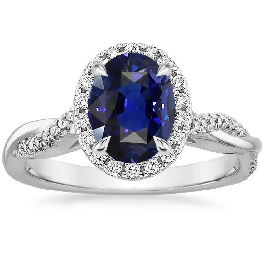 Halo Ring Twisted Style Oval Ceylon Sapphire & Diamonds 4.75 Carats - Gemstone Ring-harrychadent.ca