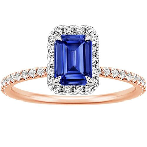 Halo Ring Two Tone Gold Ceylon Sapphire & Diamond 4.25 Carats - Gemstone Ring-harrychadent.ca