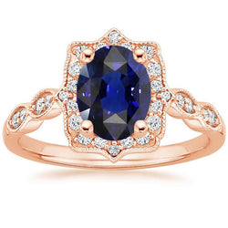 Halo Ring Vintage Style Oval Ceylon Sapphire & Natural Earth Mined Diamonds 3.75 Carats