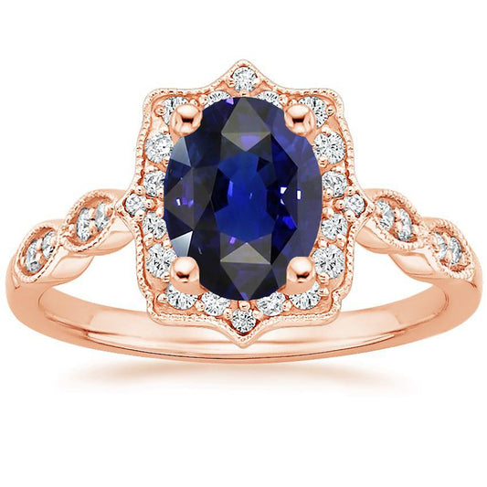 Halo Ring Vintage Style Oval Ceylon Sapphire & Diamonds 3.75 Carats - Gemstone Ring-harrychadent.ca