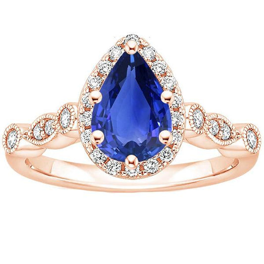 Halo Ring Vintage Style Pear Blue Sapphire & Diamonds 4 Carats - Gemstone Ring-harrychadent.ca