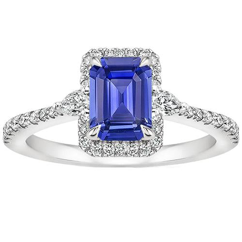 Halo Ring White Gold 14K Emerald Blue Sapphire & Diamond 4.25 Carats - Gemstone Ring-harrychadent.ca