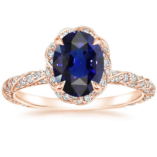 Halo Rose Gold Ring Twist Style Ceylon Sapphire & Diamonds 3.50 Carats - Gemstone Ring-harrychadent.ca