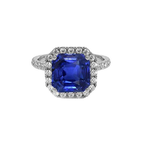 Halo Round Diamond & Asscher Cut Blue Sapphire Ring 5.75 Carats New - Gemstone Ring-harrychadent.ca