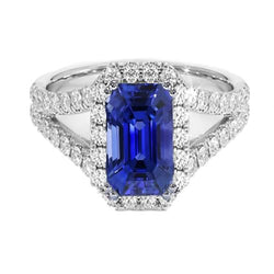 Halo Round Natural Earth Mined Diamond & Ceylon Sapphire Engagement Ring 11.75 Carats