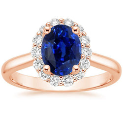 Halo Round Natural Earth Mined Diamond & Oval Ring Sri Lankan Sapphire 3.50 Carats