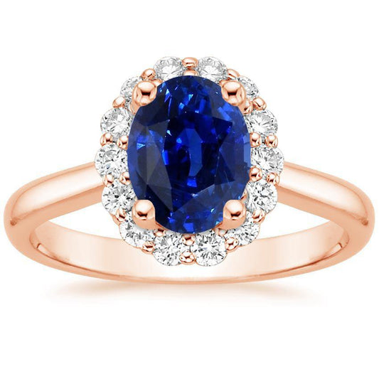 Halo Round Diamond & Oval Ring Sri Lankan Sapphire 3.50 Carats - Gemstone Ring-harrychadent.ca