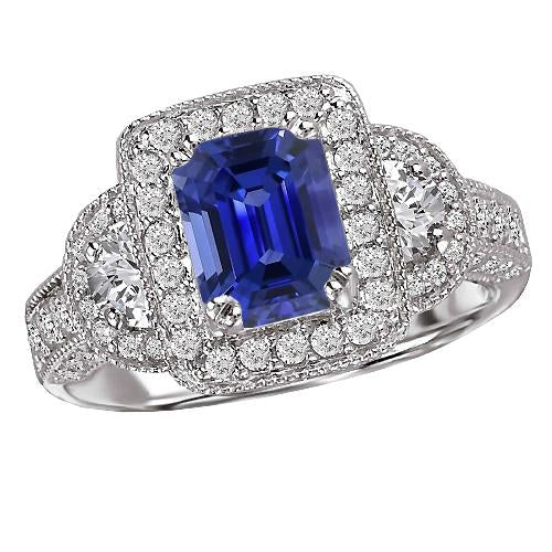 Halo Round & Half Moon Diamond Blue Sapphire Ring Emerald Cut 4 Carats - Gemstone Ring-harrychadent.ca