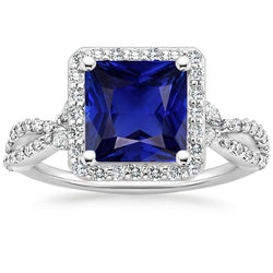 Halo Sapphire Natural Earth Mined Diamond Ring Princess Cut Twisted Shank Gold 6.25 Carats