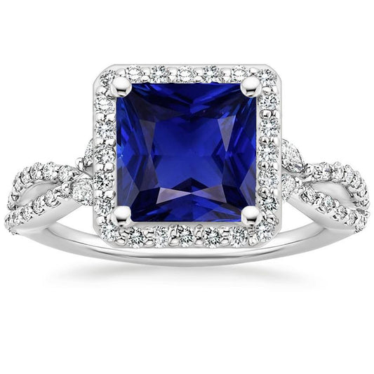 Halo Sapphire Diamond Ring Princess Cut Twisted Shank Gold 6.25 Carats - Gemstone Ring-harrychadent.ca