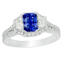 Halo Sapphire Engagement Ring 4 Carats Trapezoids & Pave Set Natural Earth Mined Diamonds