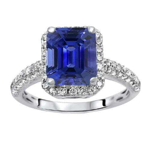 Halo Sapphire Engagement Ring Double Row Pave Set Diamonds 4 Carats - Gemstone Ring-harrychadent.ca