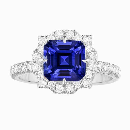 Halo Sapphire Engagement Ring Flower Style Asscher Cut 3.50 Carats - Gemstone Ring-harrychadent.ca