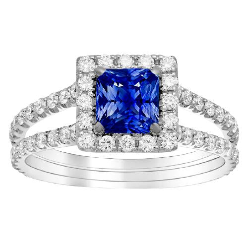 Halo Sapphire Engagement Ring Set Pave Diamond Gold Band 3 Carats - Gemstone Ring-harrychadent.ca