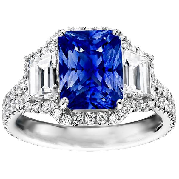 Halo Sapphire Gemstone Ring 6 Carats Emerald & Round Diamonds Pave Set - Gemstone Ring-harrychadent.ca