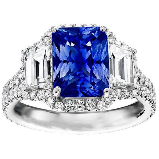 Halo Sapphire Gemstone Ring 6 Carats Emerald & Round Diamonds Pave Set - Gemstone Ring-harrychadent.ca