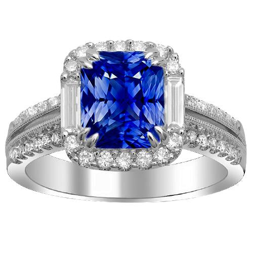 Halo Sapphire Ring Baguette & Round Accents 4.50 Carats Split Shank - Gemstone Ring-harrychadent.ca