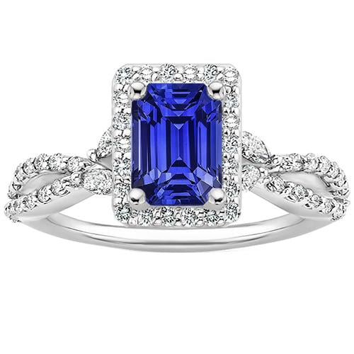 Halo Split Shank Ring Emerald Ceylon Sapphire & Diamonds 4.50 Carats - Gemstone Ring-harrychadent.ca