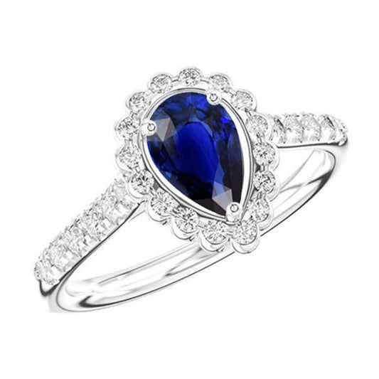 Halo Srilanka Sapphire Ring Pear White Gold & Diamonds 4 Carats - Gemstone Ring-harrychadent.ca