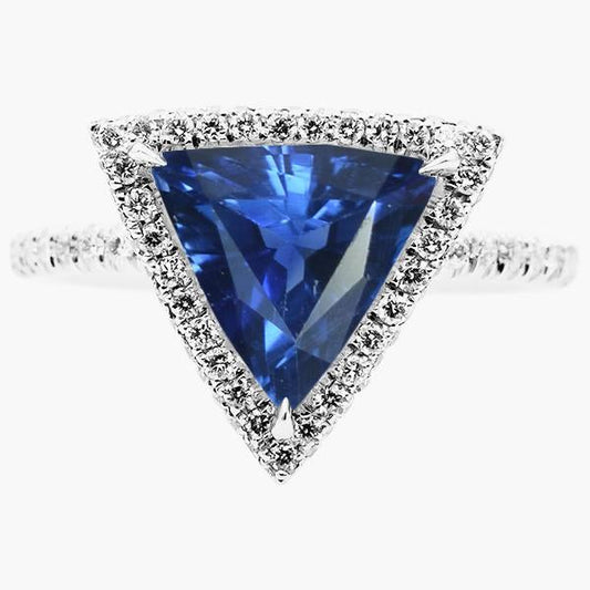 Halo Trillion Sapphire Ring 5 Carats Pave Set Diamond Accents Gold 14K - Gemstone Ring-harrychadent.ca