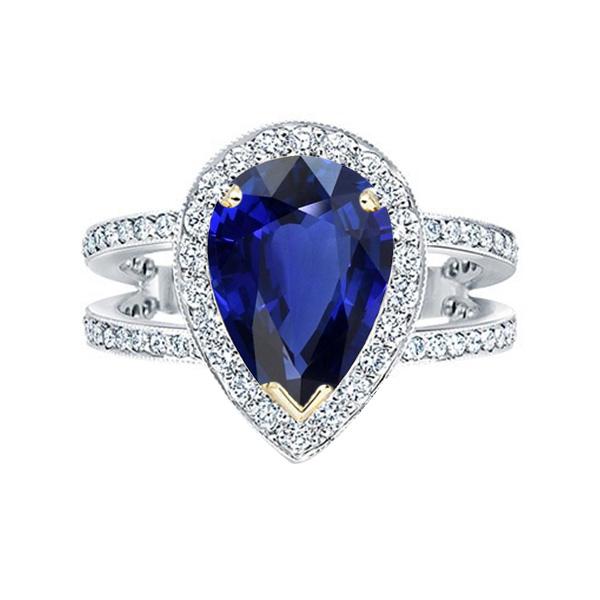 Halo Two Tone Gold Deep Blue Sapphire & Diamond Ring 4.50 Carats - Gemstone Ring-harrychadent.ca