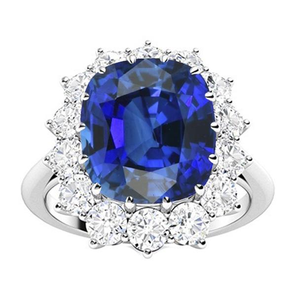 Halo Wedding Ring Cushion Blue Sapphire 6 Carats Flower Style Diamonds - Gemstone Ring-harrychadent.ca