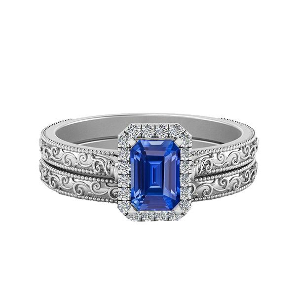 Halo Wedding Ring Set Emerald Blue Sapphire 2.50 Carats Antique Style - Gemstone Ring-harrychadent.ca