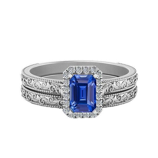 Halo Wedding Ring Set Emerald Blue Sapphire 2.50 Carats Antique Style - Gemstone Ring-harrychadent.ca