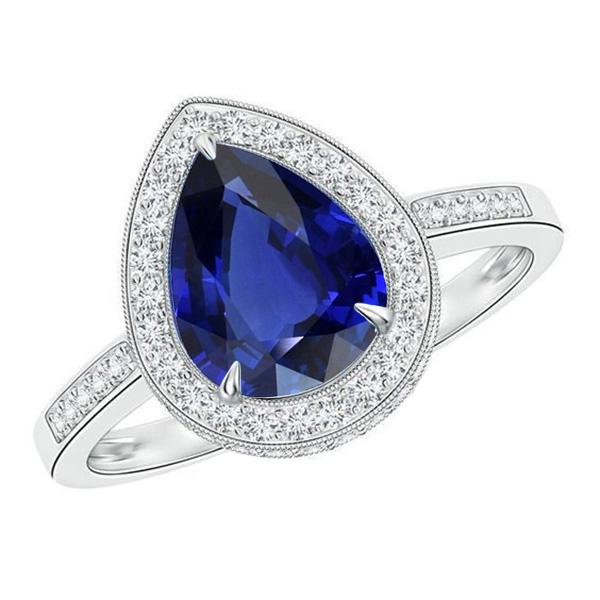 Halo White Gold Ring Pear Pave Set Diamond Blue Sapphire 2.50 Carats - Gemstone Ring-harrychadent.ca