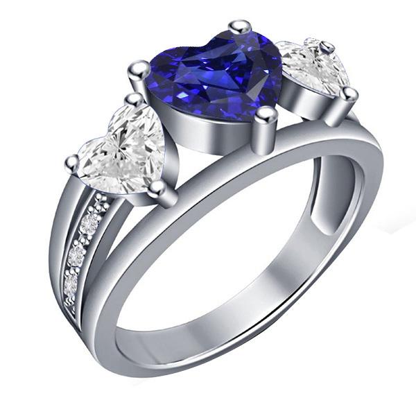 Heart Diamond 3 Stone Blue Sapphire Ring With Accents 3.50 Carats - Gemstone Ring-harrychadent.ca