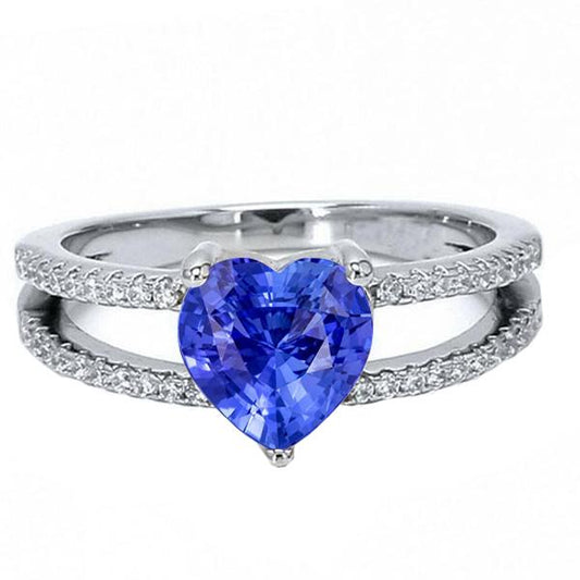 Heart Gemstone Light Blue Sapphire Ring Double Shank Diamonds 4 Carats - Gemstone Ring-harrychadent.ca