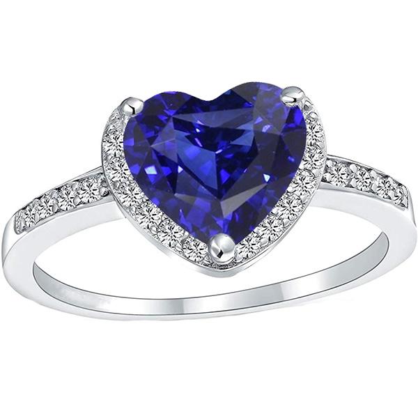 Heart Halo Blue Sapphire Ring Prong Set Diamonds 4 Carats White Gold - Gemstone Ring-harrychadent.ca