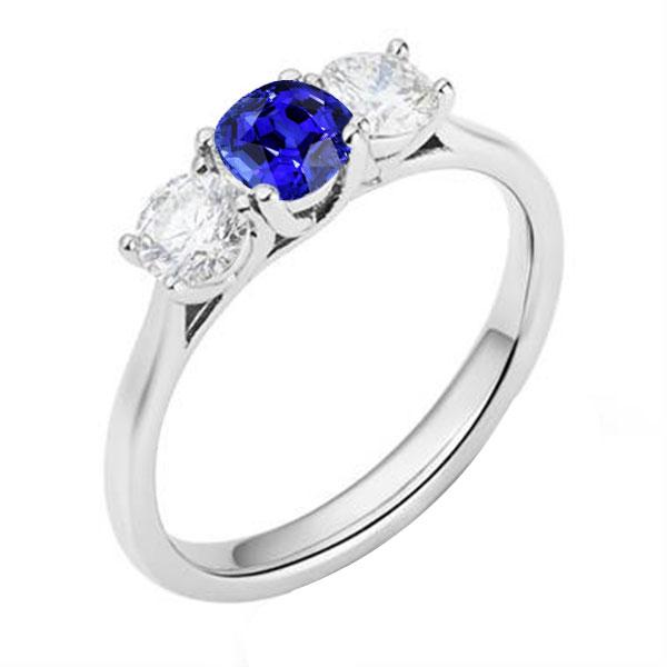Ladies 3 Stone Ring Cushion Ceylon Sapphire 1.25 Carats Round Diamonds - Gemstone Ring-harrychadent.ca