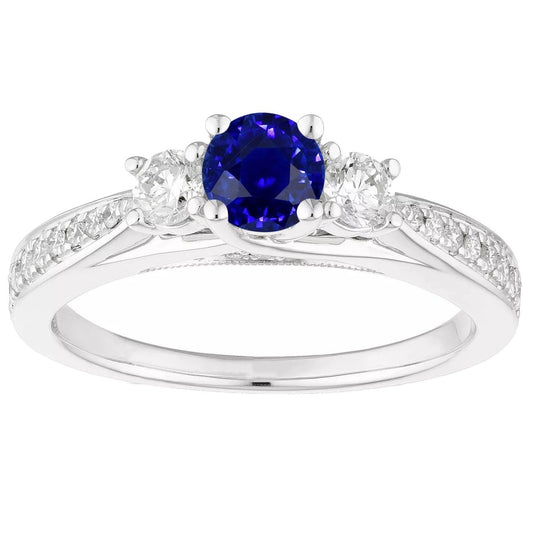 Ladies 3 Stone Style Diamond Ring Round Blue Sapphire Gold 5 Carats - Gemstone Ring-harrychadent.ca