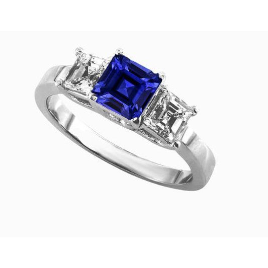 Ladies Asscher Diamond Ring Ceylon Sapphire 3 Stone Jewelry 2 Carats - Gemstone Ring-harrychadent.ca