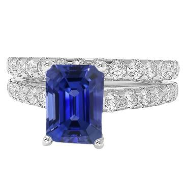 Ladies Diamond Engagement Ring Set Emerald Cut Blue Sapphire 3 Carats - Gemstone Ring-harrychadent.ca